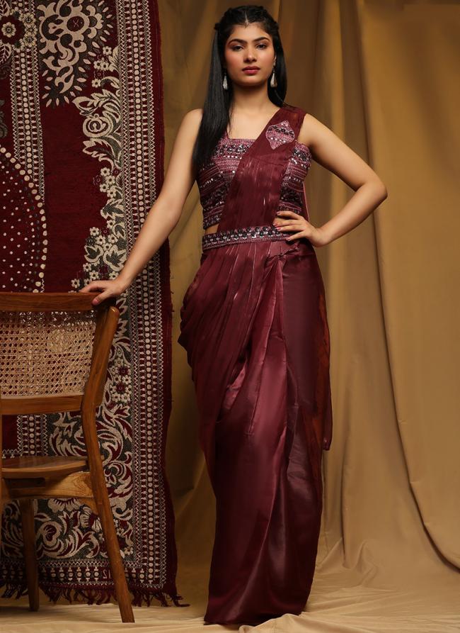 Organza Maroon Party Wear Embroidery Work Ready To Wear Saree